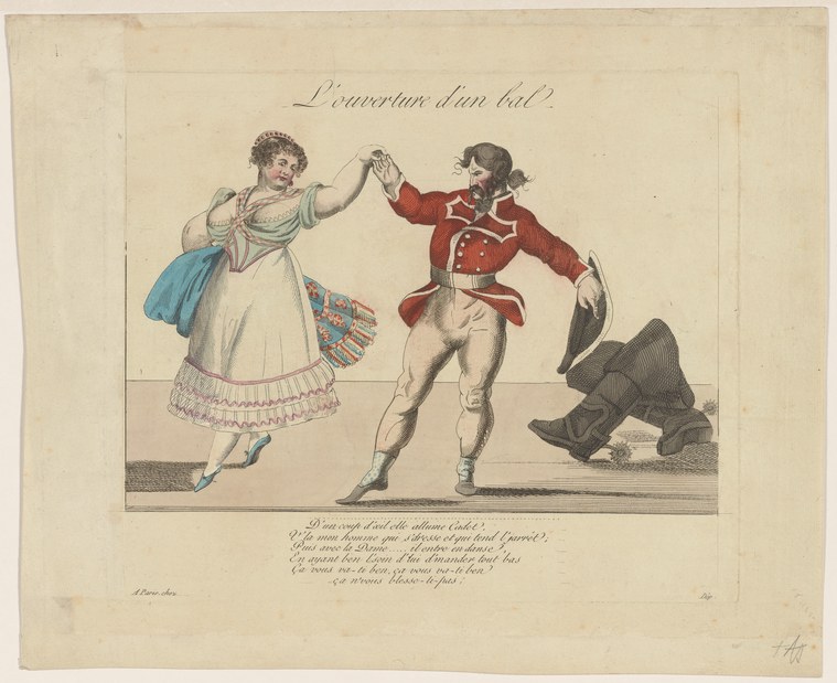 A man in a red military coat and a woman in a white gown and blue shawl join hands in the opening gesture of a formal ball.