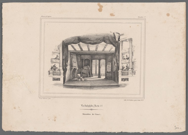 Engraving of a classical stage interior with columns and tall doors, designed for Act 1 of La Sylphide ballet, with small figures and side vignettes.