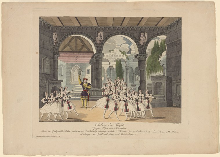 Hand-colored engraving of a grand theatrical stage with classical arches framing a soloist in red surrounded by twenty dancers in white tutus en pointe.