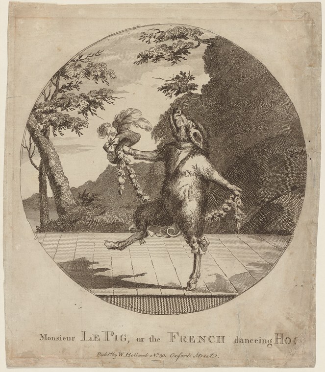 An upright pig in formal pose gestures with one raised arm, standing on a wooden stage before a rock and tree, in a circular engraved frame.