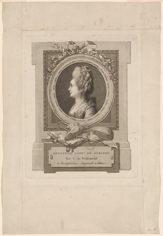 Engraved portrait of a woman in 18th-century dress shown in profile within a rococo oval frame with ornamental border.