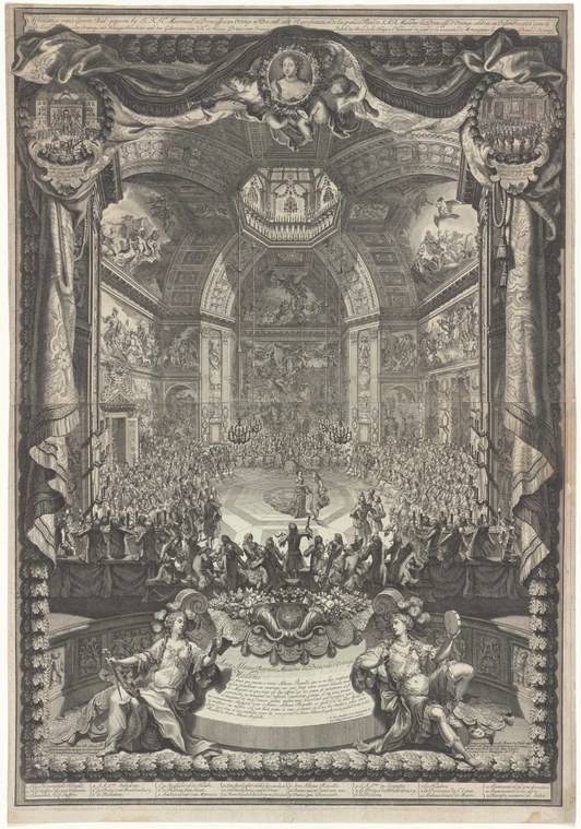 A vast Baroque hall with columns and a coffered vault. Hundreds of courtiers in formal dress watch a small group of dancers in the center performing a formal