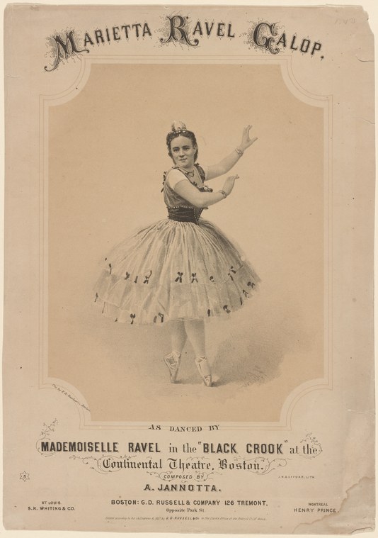 A female dancer stands en pointe in a fitted bodice and voluminous tulle skirt, arms gracefully positioned, in an ornate theatrical print from the 19th century.
