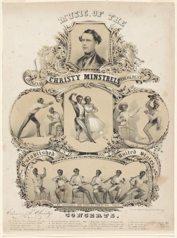 Ornate engraved broadside advertising the Original Christy Minstrels, showing portraits and vignettes of blackface performers in acrobatic and comedic poses.