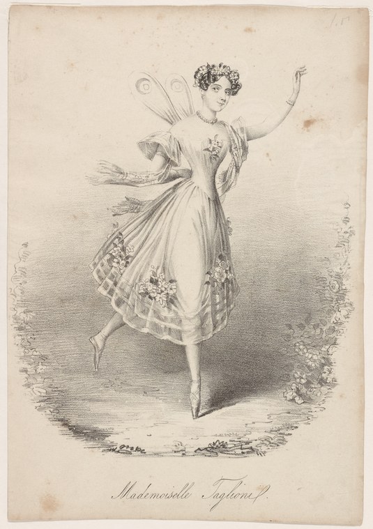 Engraved portrait of a woman in a white Romantic-era ballet dress standing on pointe in an arabesque, arms raised, wearing flowers in her hair.