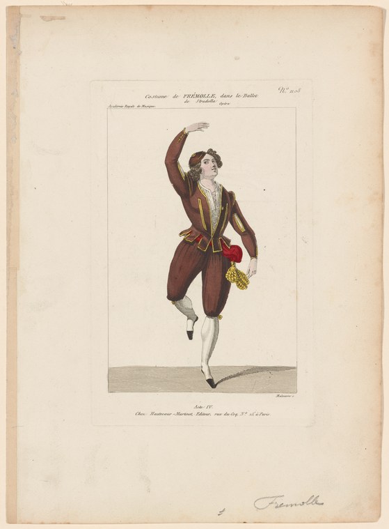 A male dancer in a burgundy jacket with gold trim leaps upward, arms raised asymmetrically, wearing pale breeches and dark heels.