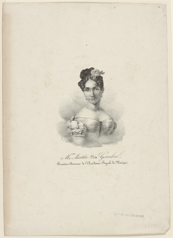 Engraved portrait of a young woman with dark hair pinned up with a white feather, bare shoulders, gazing forward.