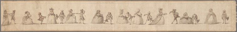 Engraving showing eighteen figures in 18th-century dress arranged in a horizontal line, demonstrating successive positions of a formal minuet.