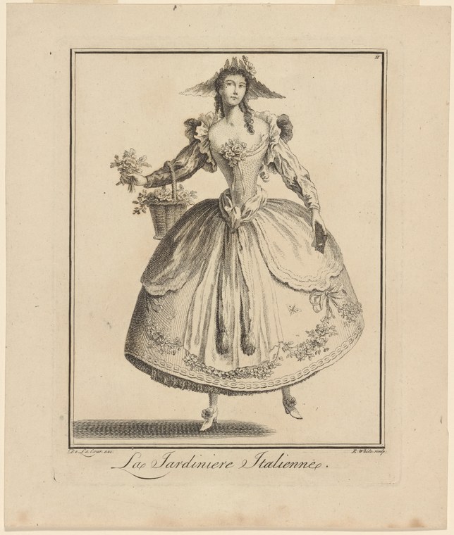 Engraving of a young woman in an eighteenth-century bodice and full skirt, holding a flower basket, posed with one leg raised as if dancing.