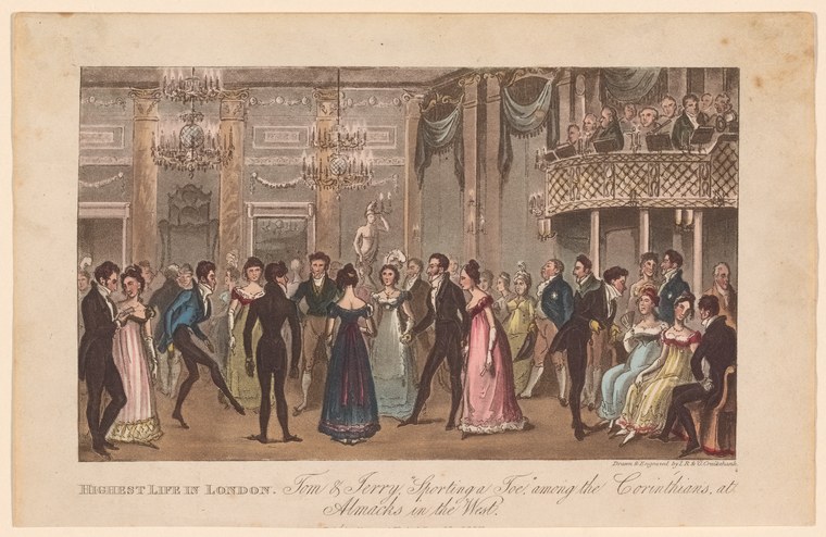 A hand-colored engraving of couples and groups dancing and socializing in a formal Regency-era ballroom with chandeliers and draped walls.