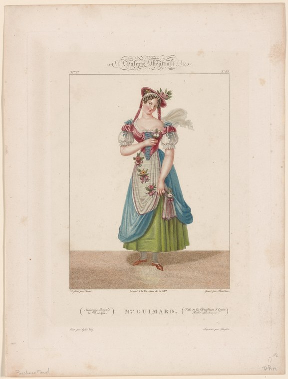 Hand-colored engraving of a young woman in Neoclassical dress holding flowers, standing upright in a formal theatrical costume portrait.