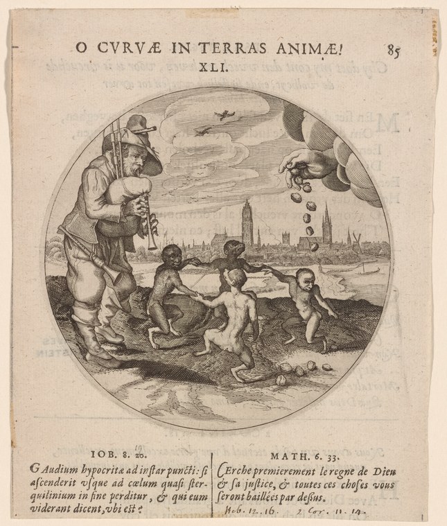 Engraving showing Cupid with arrows at left and four nude putti playing on a riverbank, distant city behind, circular frame, Latin text below.
