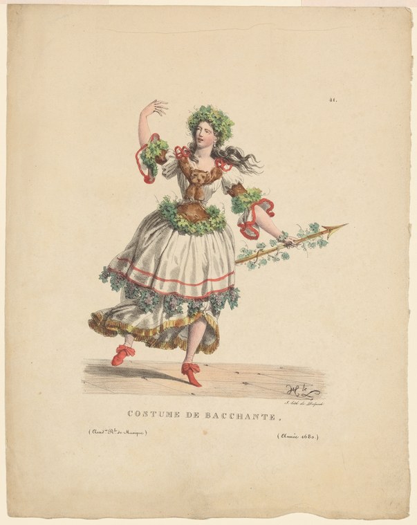 Hand-colored engraving of a female dancer in Romantic-era bacchante costume: brown bodice, pale skirt, ivy garland, holding grapes, in an expressive twisted