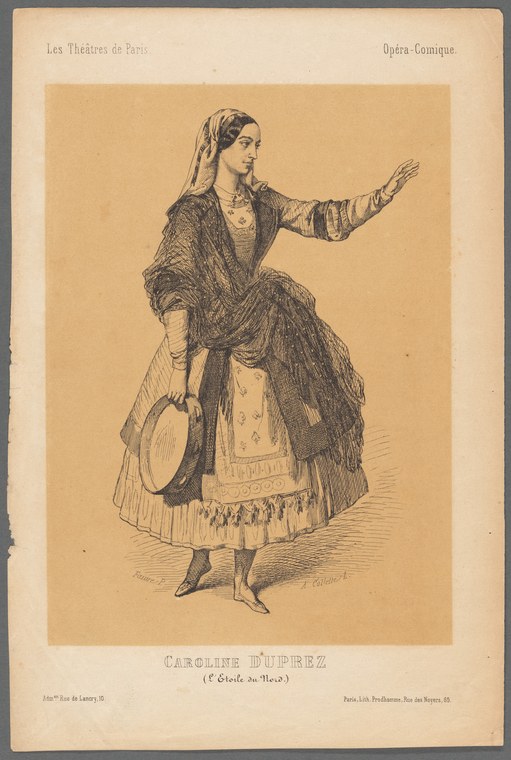 Engraved theatrical portrait of Caroline Duprez in folk costume holding a tambourine, mid-19th century.