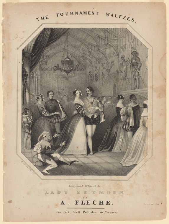 Engraving of a formal waltz tournament: a man bows to a woman in a grand ballroom, observed by courtiers and attendants lining the walls.