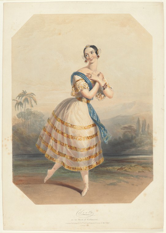 Young woman in white ballet skirt with gold trim and blue shawl, standing in attitude pose against an orientalist landscape with palm tree.