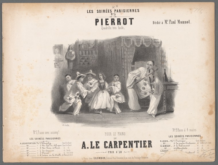 Lithograph of a theatrical ballroom scene: five women in white empire gowns surround a man in dark clothing in a sharply arched, dramatic pose, suggesting