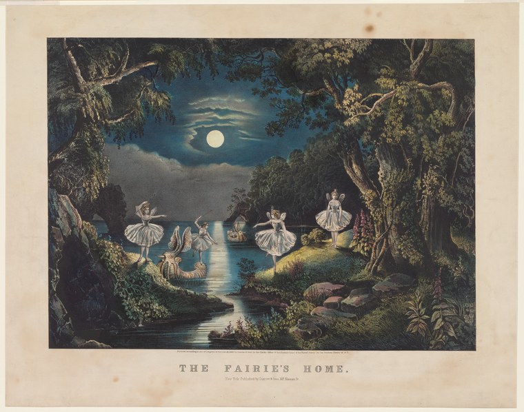 Moonlit forest clearing with nine white-tutted ballet dancers posed on rocky banks of a stream, framed by gnarled trees.