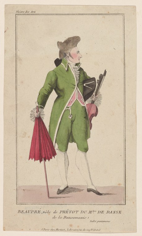 Hand-colored engraving of a man in green coat and pink waistcoat, standing in exaggerated ballroom posture, holding a red parasol.