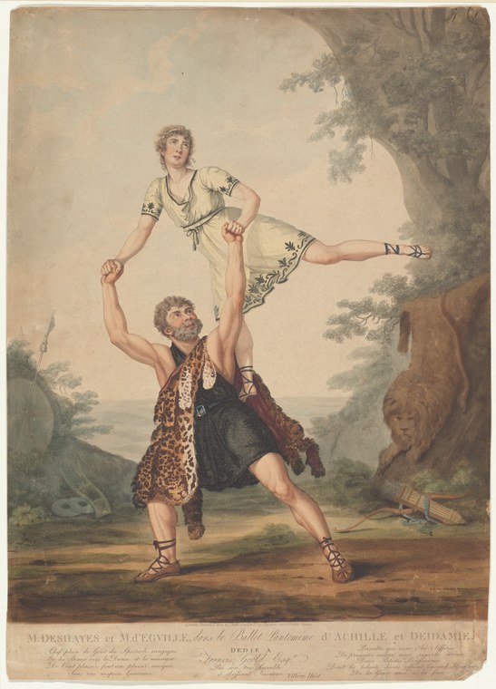 Hand-colored engraving showing one male dancer in leopard-skin lifting another dancer in pale tunic high overhead, one leg extended horizontally, in a woodland