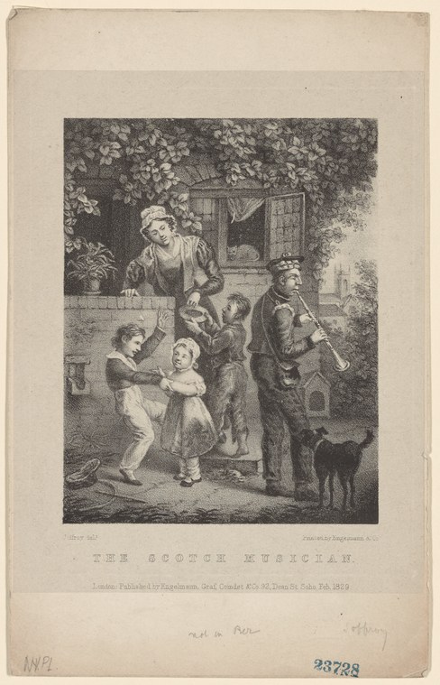 Engraving of a Scottish bagpiper sitting on a wall, playing while three barefoot children listen and respond in front of a cottage.