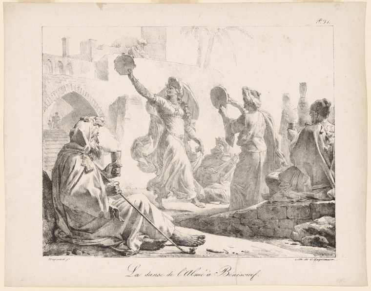 Engraving showing three female dancers in flowing garments with raised arms, observed by a seated draped figure, in an architectural Egyptian setting.