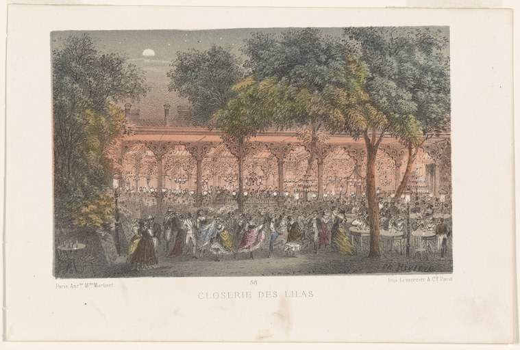 Hand-colored engraving of couples waltzing beneath a pergola at night in a gas-lit Parisian garden, surrounded by spectators in mid-Victorian dress.