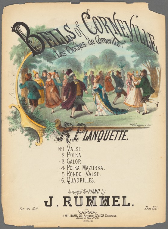 Ornate music cover showing couples in Victorian dress dancing in a tree-lined garden beneath stylized art-nouveau lettering.
