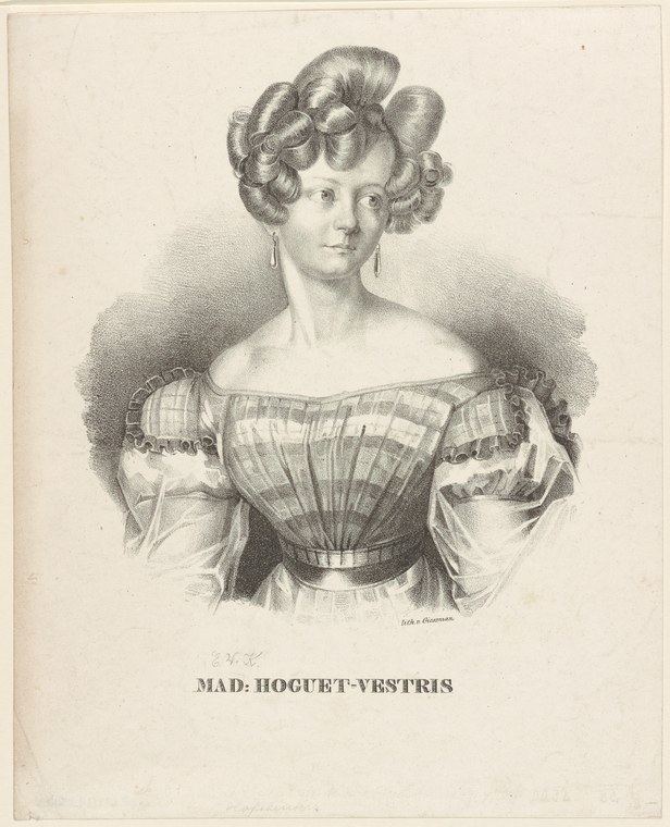 Engraved portrait of a woman in Regency dress with ringlet curls, low neckline, and gathered sleeves, gazing directly outward.