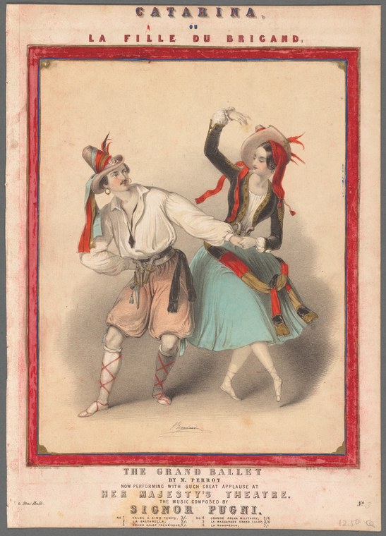 Hand-colored engraving of two dancers: a man in white shirt and tan breeches leaning back in shock, a woman in blue skirt reaching toward him with extended arm.