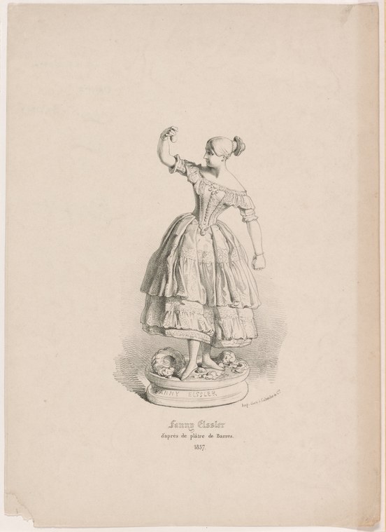 Engraved portrait of Fanny Elssler in pale Romantic ballet costume, standing in a refined pose with lifted gaze, dated 1837.
