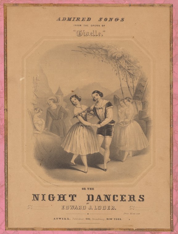 Lithograph of three female ballet dancers in white tutus with pointe shoes in a moonlit forest, with Gothic ruins and male figure in period dress.
