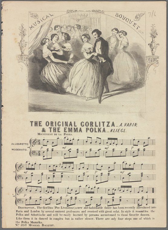 Steel engraving of a crowded parlour with couples dancing the polka in 1840s dress; musical score below.