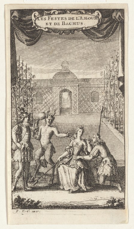 Engraving of three figures in classical dress in a domed garden pavilion: a lyre player and two reclining women in conversation.