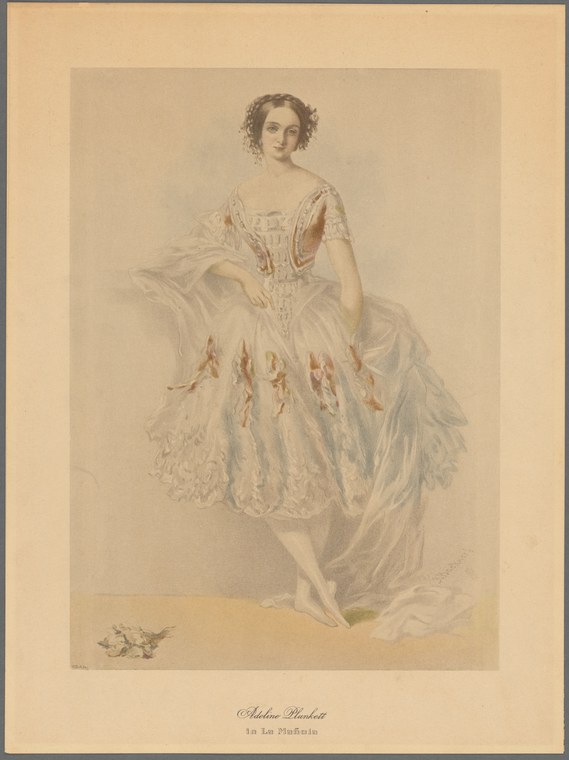 A woman in an ornate embroidered bodice and enormous gathered skirt stands with weight shifted as if mid-turn, her skirts swirling outward.