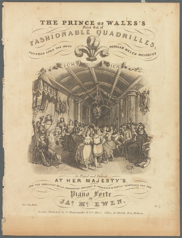 Engraved title page of a quadrille score showing two dozen dancers in evening dress arranged in a square formation in an ornate ballroom.