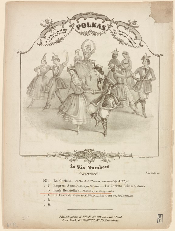 Engraved title page showing a couple dancing the polka in a ballroom, surrounded by five onlookers in mid-19th-century dress.