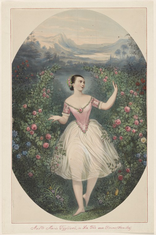 A young woman in a pale tulle ballet skirt and pink bodice stands alone surrounded by roses in a garden, raising her right arm in an elegant gesture.