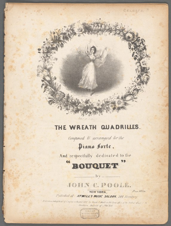 A woman in a white draped gown floats with raised arms within an ornate wreath of flowers, sheet music cover for The Wreath Quadrilles.