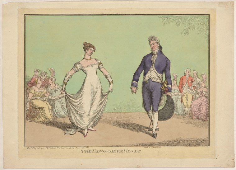 A couple in Regency dress perform the minuet at arm's length in a ballroom, watched by fashionably dressed observers.