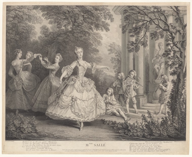Woman in pale silk gown stands with arms extended in a classical garden, attended by companions, in an 18th-century engraving.