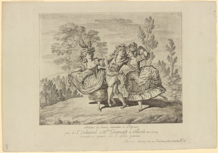 Engraving of three eighteenth-century dancers at the Paris Opéra: a man in coat and breeches with arms raised, and two women in full-skirted gowns with