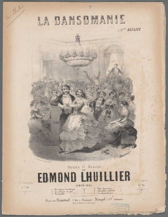 Steel engraving of a couple waltzing in a crowded 19th-century ballroom, the woman's body arched backward mid-turn, surrounded by formally dressed spectators.