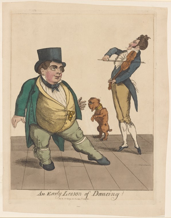Two men in regency dress arch backward in exaggerated dancing postures; a musician plays flute between them; a small dog stands nearby.
