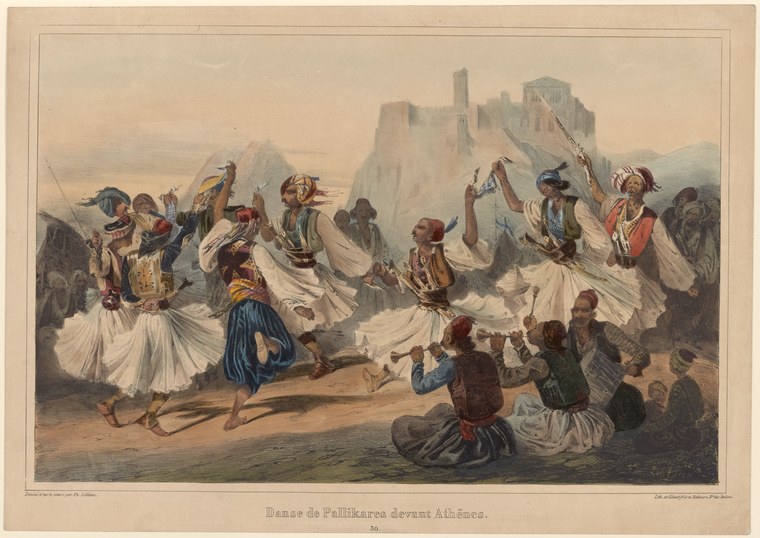 Greek Pallikares warriors perform an energetic group dance before the Acropolis, wearing white pleated skirts and colorful vests, with arms raised in
