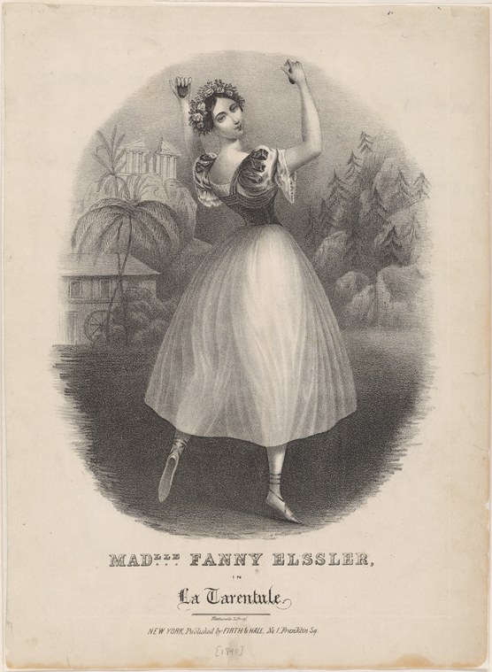 Fanny Elssler in Romantic ballet costume, arms raised, standing en demi-pointe in theatrical pose suggesting possession or ecstasy.