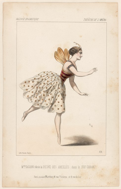 A woman in a bee-themed costume with translucent wings suspended mid-leap, arms extended, against a plain background.