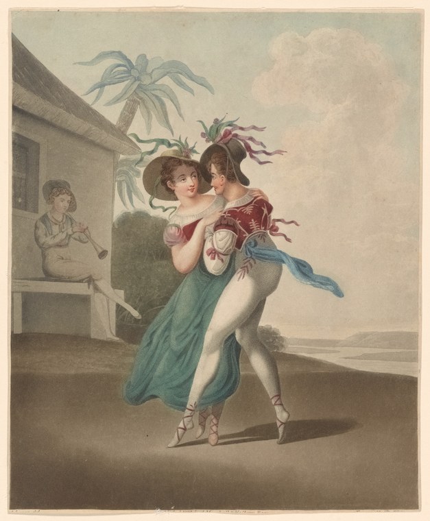 A young woman in a burgundy silk dress balanced on one pointed foot, arms raised, in a classical ballet pose within a columned architectural space.