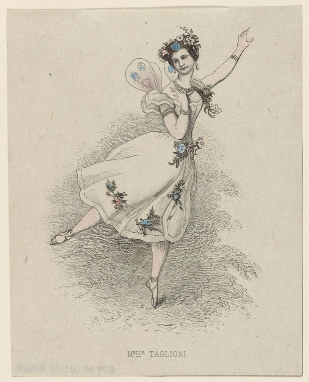 A female dancer in a white romantic tutu suspended in mid-leap, one leg extended high behind her, holding a fan, hair adorned with flowers.