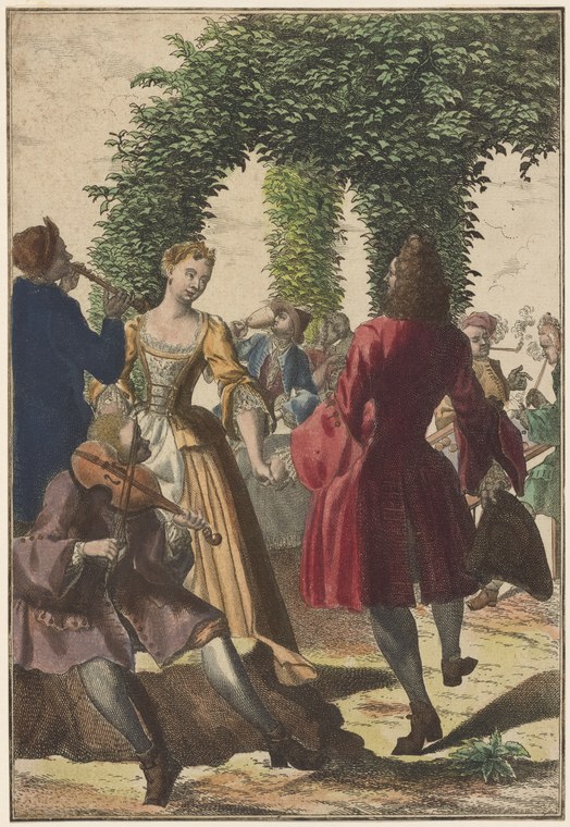 An 18th-century colored engraving shows a couple dancing in a garden beneath ivy, surrounded by fashionably dressed spectators.